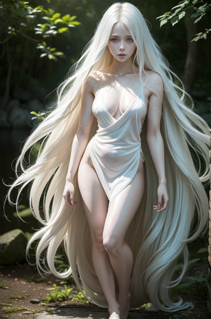 (full body shot:1.5), a ultra real full body shot photo of 22 years old albino woman, green eyes. Long white hair, mysterious and innocent look, wet hair, blue limbs, Ultra high res, uhd, (photorealistic:1.4), doll-like face, the background a ultra close up macro details, ultra contrast, of ultra dark decor, shy, full body shot, a towel wrapping around her body, Intricate details of her beautiful eyes and perfect face, The most beautiful girl,