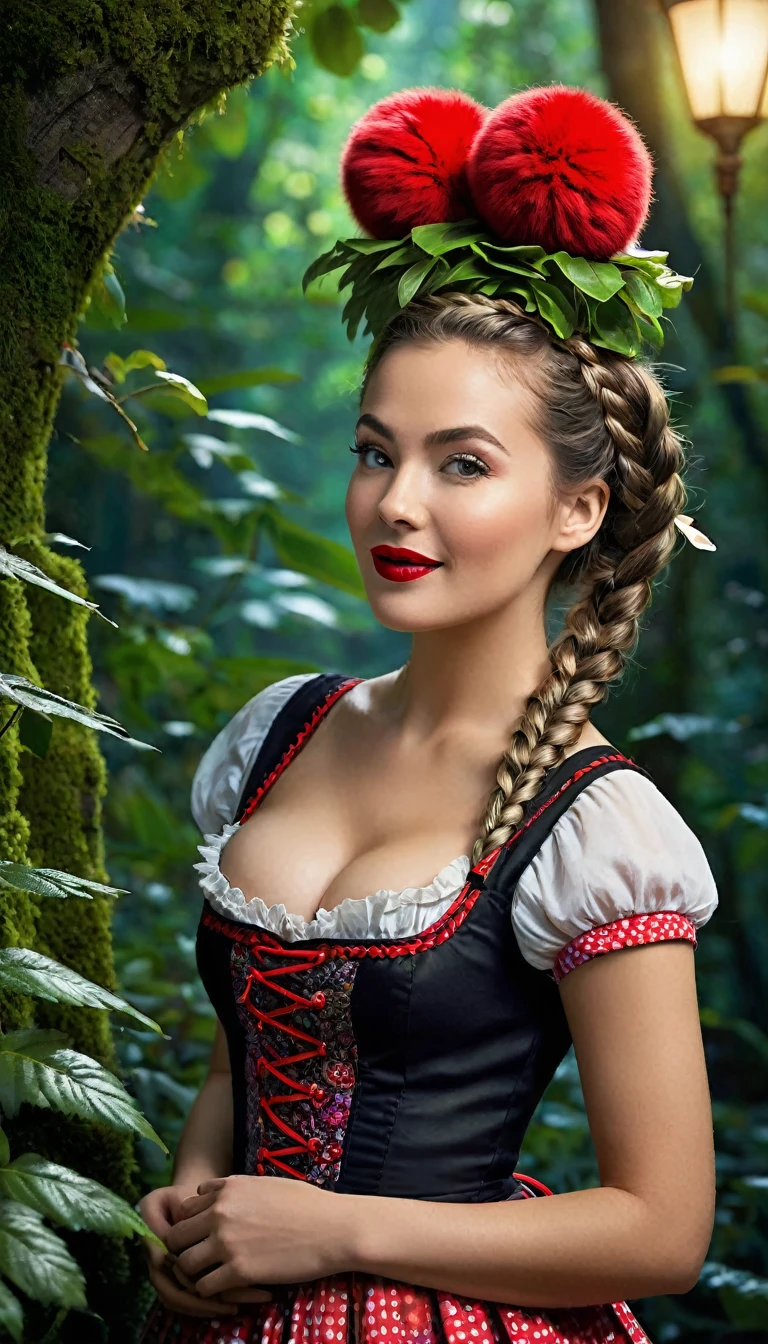 A captivating young woman in a vibrant, cupless dirndl dress that hugs her waist, revealing her bare, natural, and gently sagging breasts. Her attire is complemented by a meticulously crafted French braid that cascades down her back, while her face is adorned with dramatic make-up, accentuating her features and highlighting her mischievous wink. A traditional bollenhut hat, with its distinctive red pompoms, sits atop her head, casting a playful shadow across her cheek. Her red lipstick, as bold as the berries that dot the surrounding Black Forest, completes her alluring look. The dark, enigmatic background of the forest sets the stage for this tantalizing encounter, with the occasional glimpse of moonlight filtering through the dense foliage. The high-resolution, photorealistic illustration captures every intricate detail of her clothing and surroundings with a masterful touch, from the fine stitching of her attire to the delicate leaves of the plants. The professional studio lighting casts a warm, seductive glow, bringing the vivid colors and textures of the scene to life. This ultra-detailed, 8k resolution masterpiece is a visual feast, inviting the viewer to lose themselves in the whimsical charm of this unconventional tourist information poster that celebrates the beauty of the female form in its most natural state.