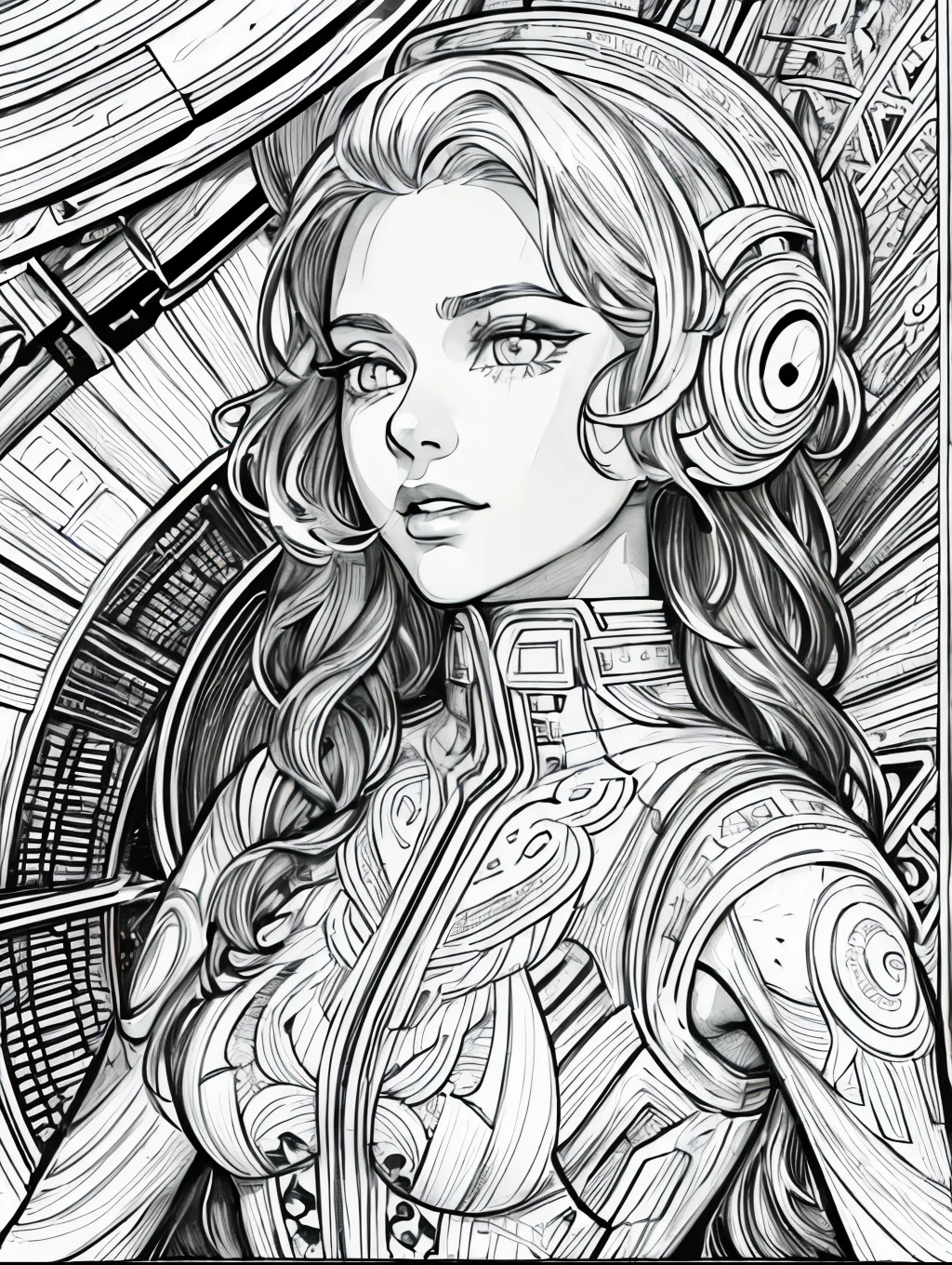 (Black and white coloring book:1.5), line drawings, masterpiece, best quality, ultra-detailed, high resolution, Very detailed face, (Eyes clear and distinct lines), Hair is white color, Full body shot, A woman wearing a space age dress with futuristic design and metallic material, The background is space, Hyper detailed crisp black line draw, ((simple white color))