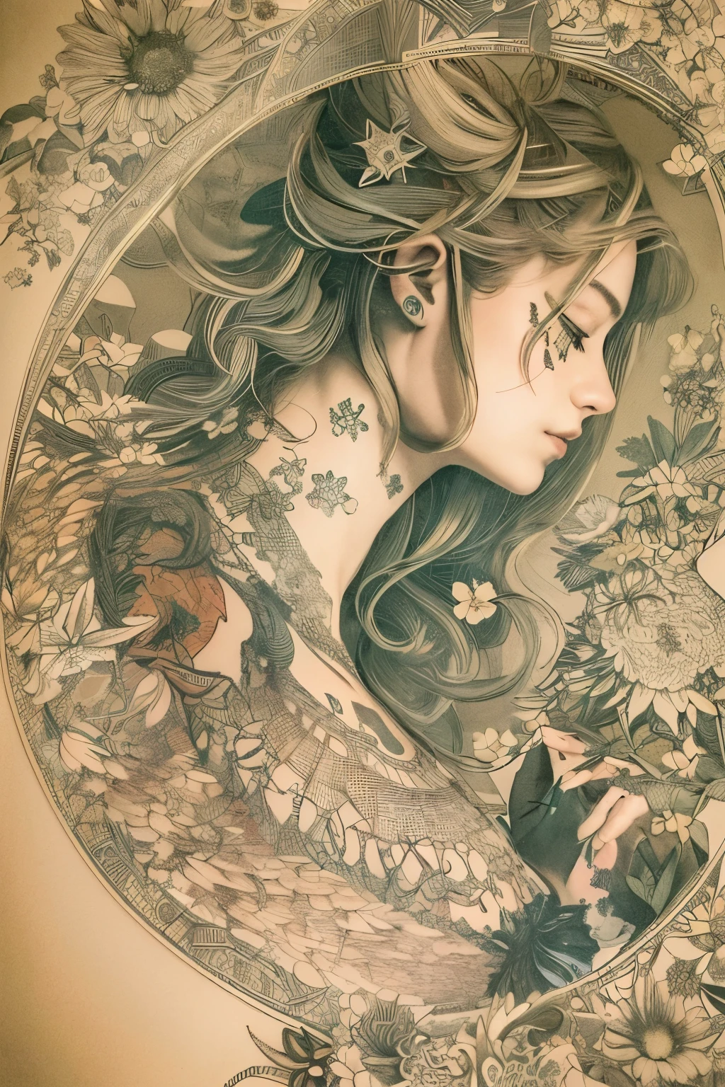 ((((masterpiece))), tattoo、Highest quality, An illustration, Beautiful details shine,
paper_cut, The details of a fragile girl's face captured on camera, wood, moon, butterfly,Wind、star、spider、Ladybug、centipede