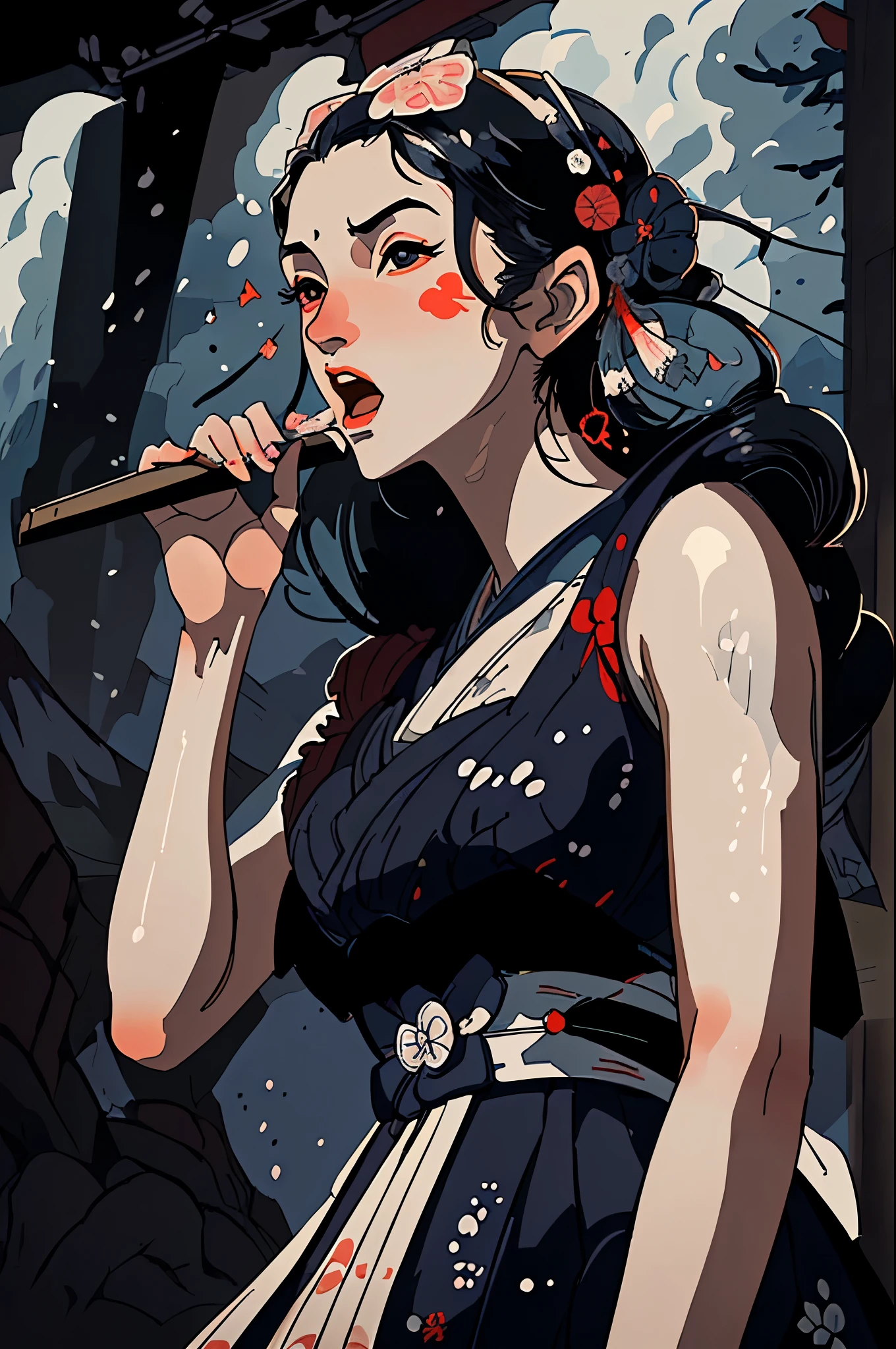 masterpiece, best quality, ukiyo-e:1.2, in hokusai style, a beautiful 20s russian model, ultra detailed face, open mouth