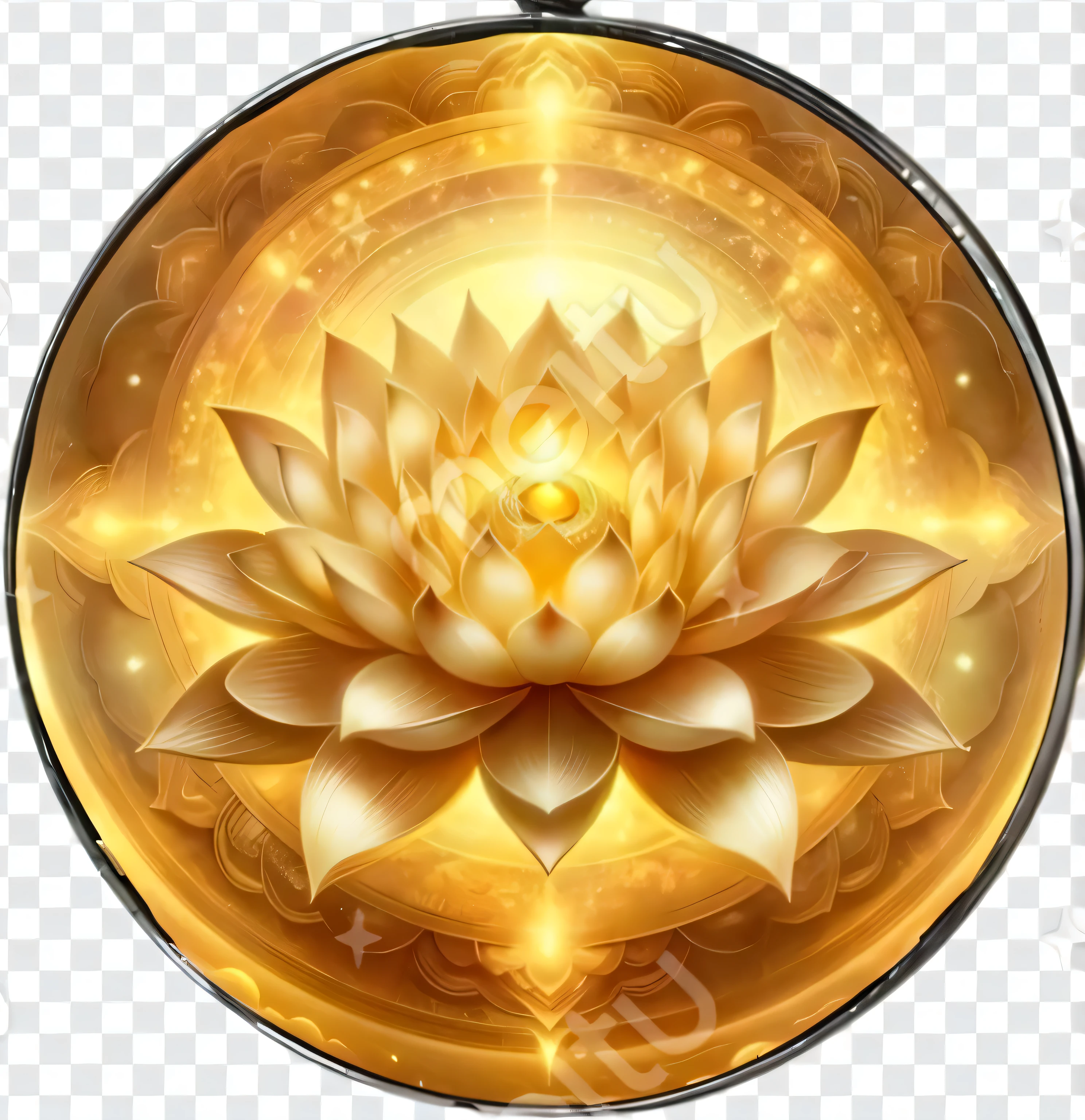 a golden lotus flower in a circular glass pendant with a light shining on it, lotus mandala, Golden sacred tree, glowing Golden Halo, with lotus flowers, lotus flower, Golden Halo, The image is centered, lotus, giant lotus mandala, Any Chakra, Located in the center of the picture, Yantra, Sacred fractal structures, flower of life, Aura of power. detailed