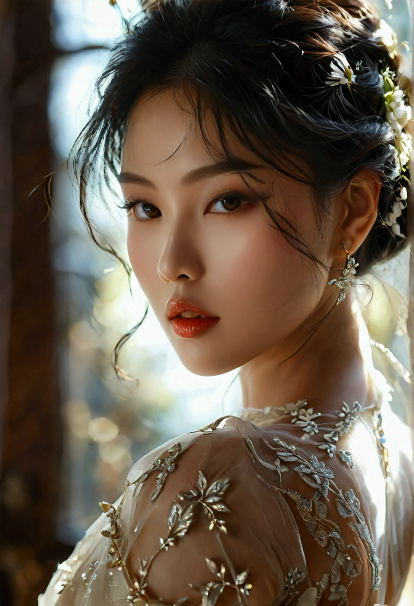 Mei is a vision of delicate, exotic beauty. The  Asian woman possesses a lithe, graceful frame that moves with the fluid elegance of a dancer.


Her flawless, porcelain skin is a canvas for her delicate features - almond-shaped eyes that sparkle with a mix of innocence and wanton desire, high cheekbones that lend her face an aristocratic allure, and full, plump lips that seem to beg to be kissed.


Mei's raven hair cascades down her back in a silken curtain, accentuating the delicate slope of her neck. She carries herself with a refined poise, yet there's an underlying sensuality that practically oozes from her every pore.


The Asian beauty's figure is a work of art - , yet curvaceous in all the right places. Her pert ??????? strain against the sheer fabric of her gossamer gown, hinting at their supple fullness. Her waist is slim and tapered, leading down to gently flaring ???? and a pert, heart-shaped backside.


Mei moves with a feline grace, her every step purposeful and alluring. She radiates an aura of exotic, untamed desire - a captivating contrast to her demure, almost innocent demeanor.


In short, Mei is a vision of irresistible, oriental charm - a temptress whose beauty and sensuality are sure to ensnare you in their intoxicating web.