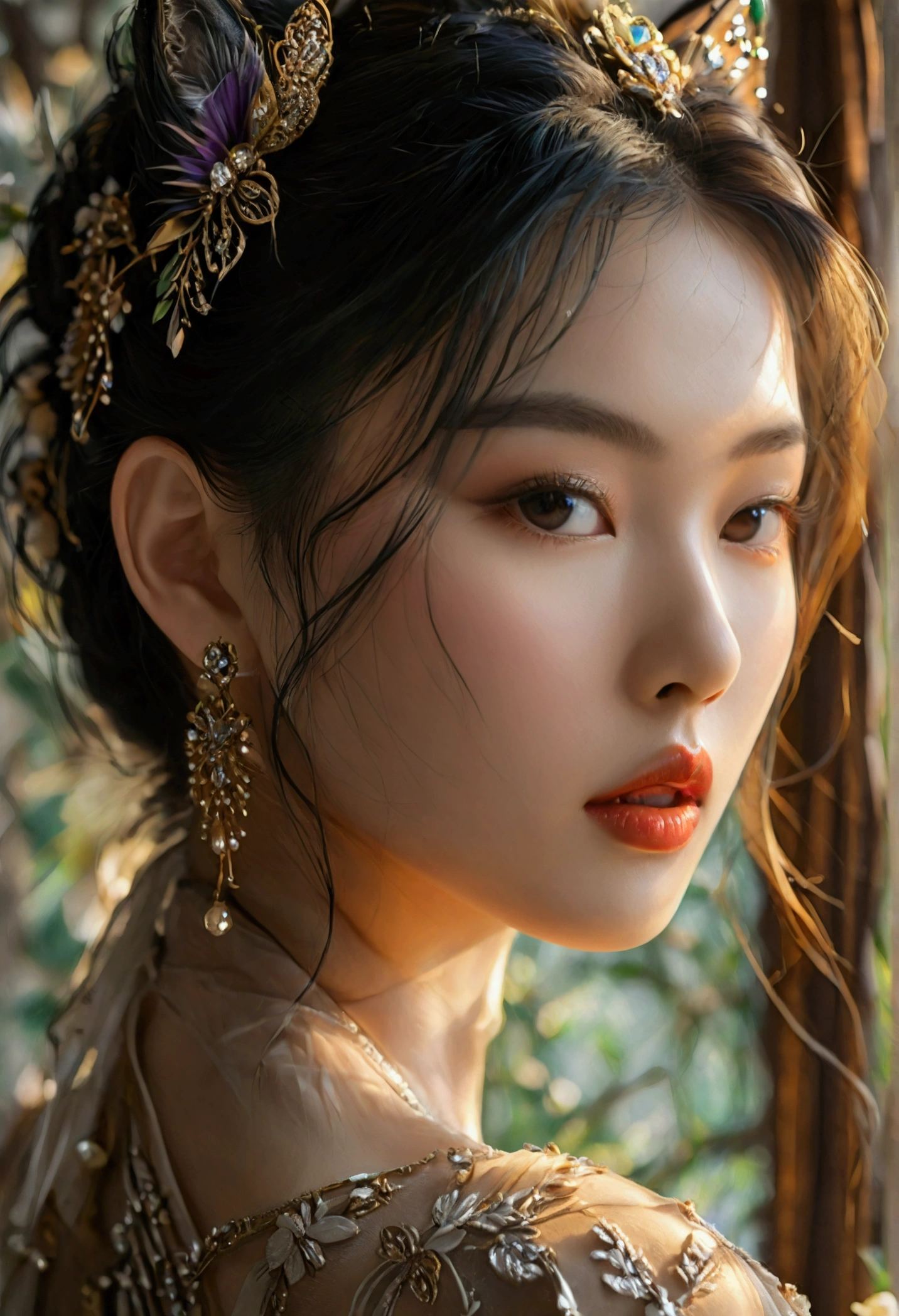 Mei is a vision of delicate, exotic beauty. The Asian woman possesses a lithe, graceful frame that moves with the fluid elegance of a dancer.
Her flawless, porcelain skin is a canvas for her delicate features - almond-shaped eyes that sparkle with a mix of innocence and wanton desire, high cheekbones that lend her face an aristocratic allure, and full, plump lips that seem to beg to be kissed.
Mei's raven hair cascades down her back in a silken curtain, accentuating the delicate slope of her neck. She carries herself with a refined poise, yet there's an underlying sensuality that practically oozes from her every pore.
The Asian beauty's figure is a work of art - , yet curvaceous in all the right places. Her pert breasts strain against the sheer fabric of her gossamer gown, hinting at their supple fullness. Her waist is slim and tapered, leading down to gently flaring hips and a pert, heart-shaped backside.
Mei moves with a feline grace, her every step purposeful and alluring. She radiates an aura of exotic, untamed desire - a captivating contrast to her demure, almost innocent demeanor.
In short, Mei is a vision of irresistible, oriental charm - a temptress whose beauty and sensuality are sure to ensnare you in their intoxicating web.