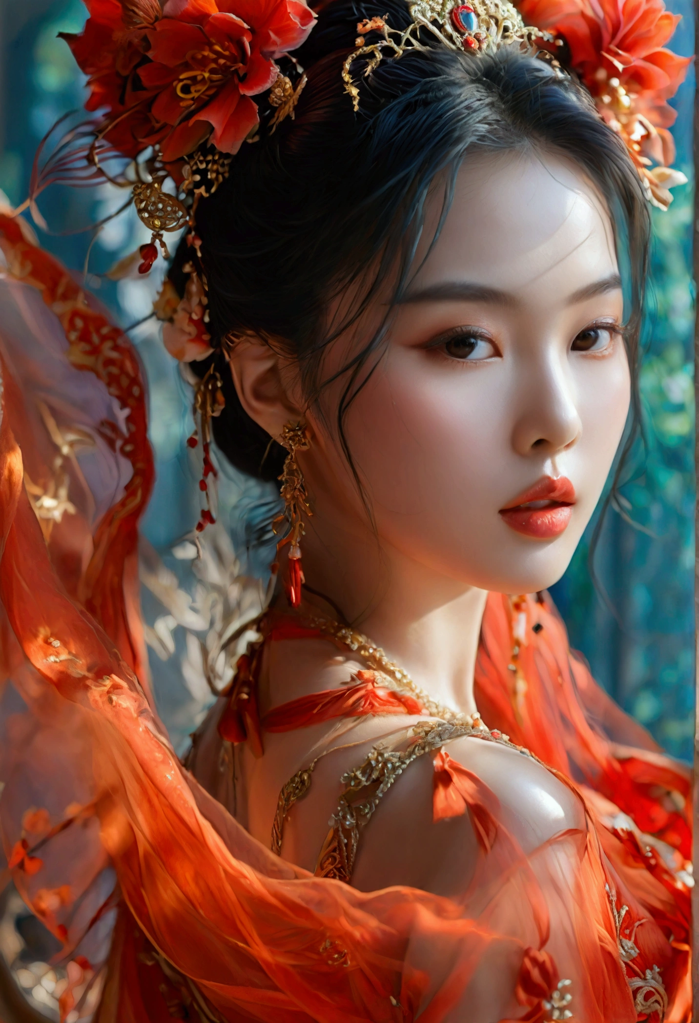 Mei is a vision of delicate, exotic beauty. The  Asian woman possesses a lithe, graceful frame that moves with the fluid elegance of a dancer.


Her flawless, porcelain skin is a canvas for her delicate features - almond-shaped eyes that sparkle with a mix of innocence and wanton desire, high cheekbones that lend her face an aristocratic allure, and full, plump lips that seem to beg to be kissed.


Mei's raven hair cascades down her back in a silken curtain, accentuating the delicate slope of her neck. She carries herself with a refined poise, yet there's an underlying sensuality that practically oozes from her every pore.


The Asian beauty's figure is a work of art - , yet curvaceous in all the right places. Her pert breasts strain against the sheer fabric of her gossamer gown, hinting at their supple fullness. Her waist is slim and tapered, leading down to gently flaring hips and a pert, heart-shaped backside.


Mei moves with a feline grace, her every step purposeful and alluring. She radiates an aura of exotic, untamed desire - a captivating contrast to her demure, almost innocent demeanor.


In short, Mei is a vision of irresistible, oriental charm - a temptress whose beauty and sensuality are sure to ensnare you in their intoxicating web.