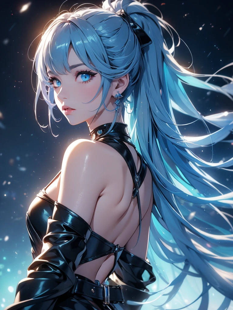 1girl, aqua eyes, back, bangs, bare shoulders, black gloves, blue eyes, braid, choker, earrings, fingerless gloves, from behind, gloves, grey hair, holding, jacket, jewelry, long hair, looking at viewer, looking back, nail polish, off shoulder, parted lips, piercing, ponytail, red jacket, solo, upper body,baiyi,[[realistic]],(shiny skin),(masterpiece:1.4),(best quality:1.4)