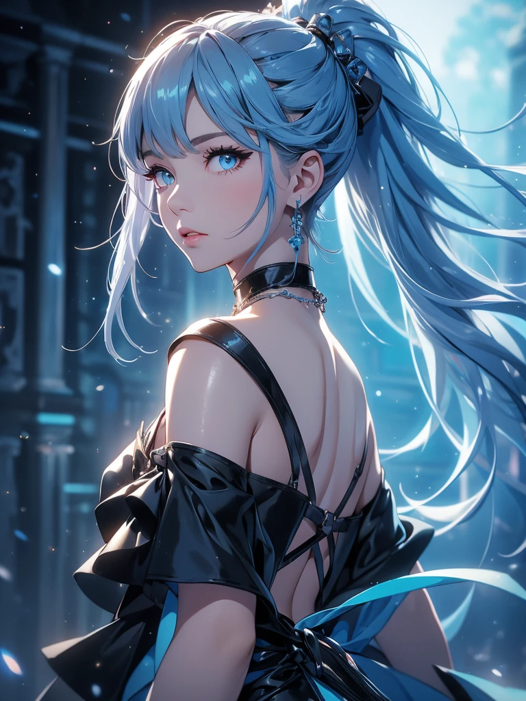 1girl, aqua eyes, back, bangs, bare shoulders, black gloves, blue eyes, braid, choker, earrings, fingerless gloves, from behind, gloves, grey hair, holding, jacket, jewelry, long hair, looking at viewer, looking back, nail polish, off shoulder, parted lips, piercing, ponytail, red jacket, solo, upper body,baiyi,[[realistic]],(shiny skin),(masterpiece:1.4),(best quality:1.4)