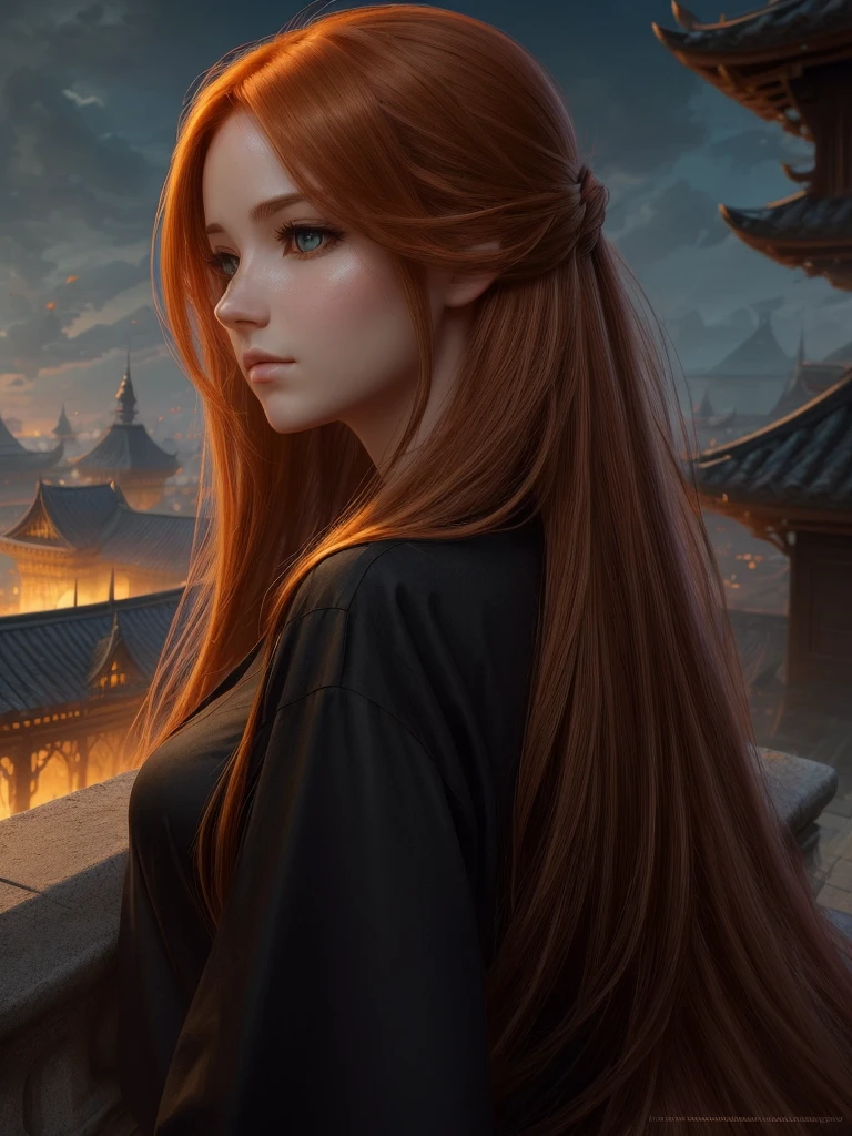 (high quality, ArtStation, Relax Art, fantasy style:1.2), (A beautiful girl, from side, looking at viewer), (long messy ginger hair), (black shirt), (palace rooftop, autumn)