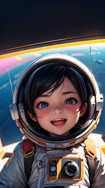 A little boy in a spacesuit in space is having a good laugh, black hair, longeyelashes, solid circle eyes, ear blush, fang, ccurate, grin, open mouth, smiley, crazy smile, Surrealism, drop shadow, anaglyph, stereogram, tachi-e, pov, atmospheric perspective, Hyperrealism, Monet, depth of field, drop shadow, 8k, super detail, best quality, textured skin, retina