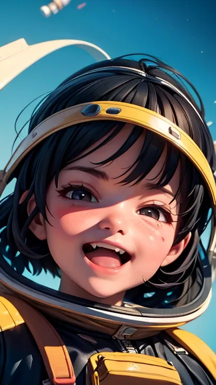 a little boy in a spacesuit in space is having a good laugh, black hair, longeyelashes, solid circle eyes, ear blush, fang, ccur...