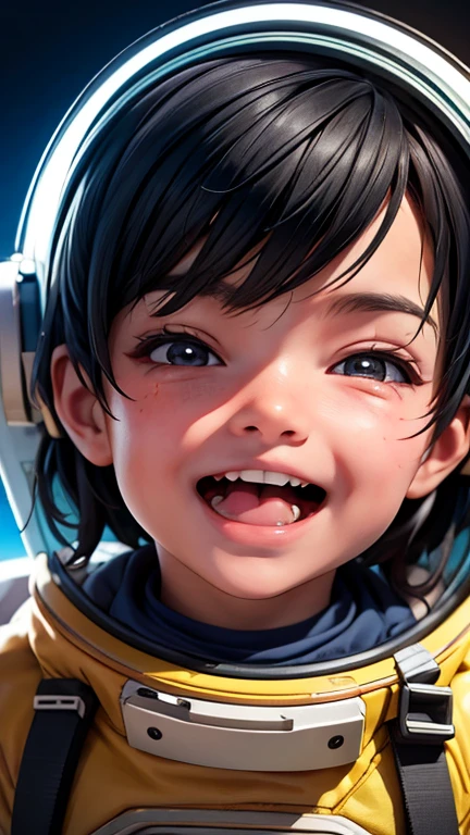 A little boy in a spacesuit in space is having a good laugh, black hair, longeyelashes, solid circle eyes, ear blush, fang, ccurate, grin, open mouth, smiley, crazy smile, Surrealism, drop shadow, anaglyph, stereogram, tachi-e, pov, atmospheric perspective, Hyperrealism, Monet, depth of field, drop shadow, 8k, super detail, best quality, textured skin, retina