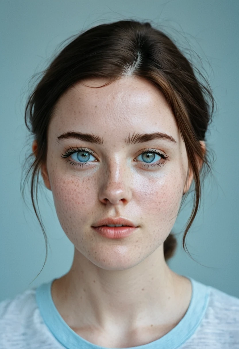 displays a close-up portrait of a young woman directly facing the camera. Her eyes are a striking pale blue, wide and with a steady gaze that makes them the dominant feature of her expression. The woman's skin is fair and dotted with a smattering of natural freckles, especially visible across her nose and cheeks. Her light brown hair is neatly parted in the middle and tucked behind her ears, which emphasizes the symmetry of her face. She is wearing a white Tshirt, which complements with her light complexion and provides a minimalistic aesthetic. The background is a soft, muted blue-grey, which complements the subtle cool tones of her appearance without detracting focus from her face. The subject's expression is serene and contemplative, with a neutral mouth and soft intensity in her demeanor that could suggest introspection.