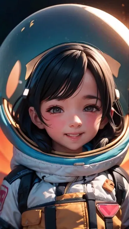 a little boy in a spacesuit in space is having a good laugh, black hair, longeyelashes, solid circle eyes, ear blush, fang, ccur...