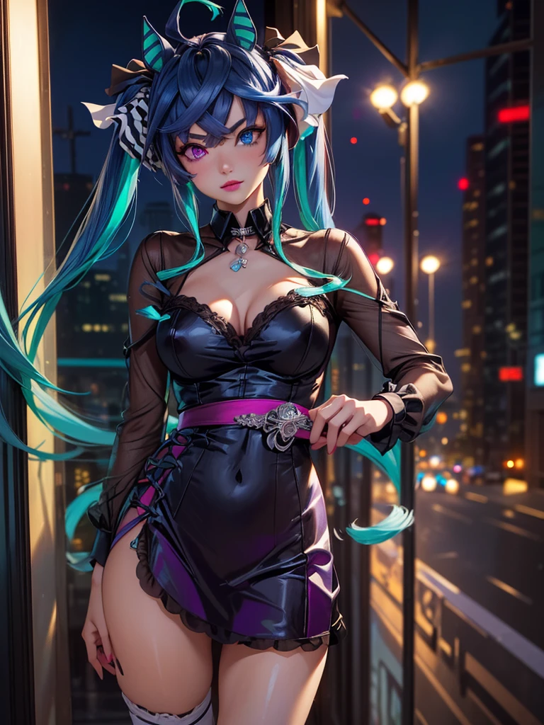 (Masterpiece, best quality, high res、highly detailed cg: 1),(((prostitutes))),((pov, Narrow eyes, Seductive)), lipstick, touts, nightlife、nsfw, Night town, Twin_Turbo_Umamusume, aqua hair, twintails, heterochromia, purple eyes, blue eyes, small breasts, horse tail