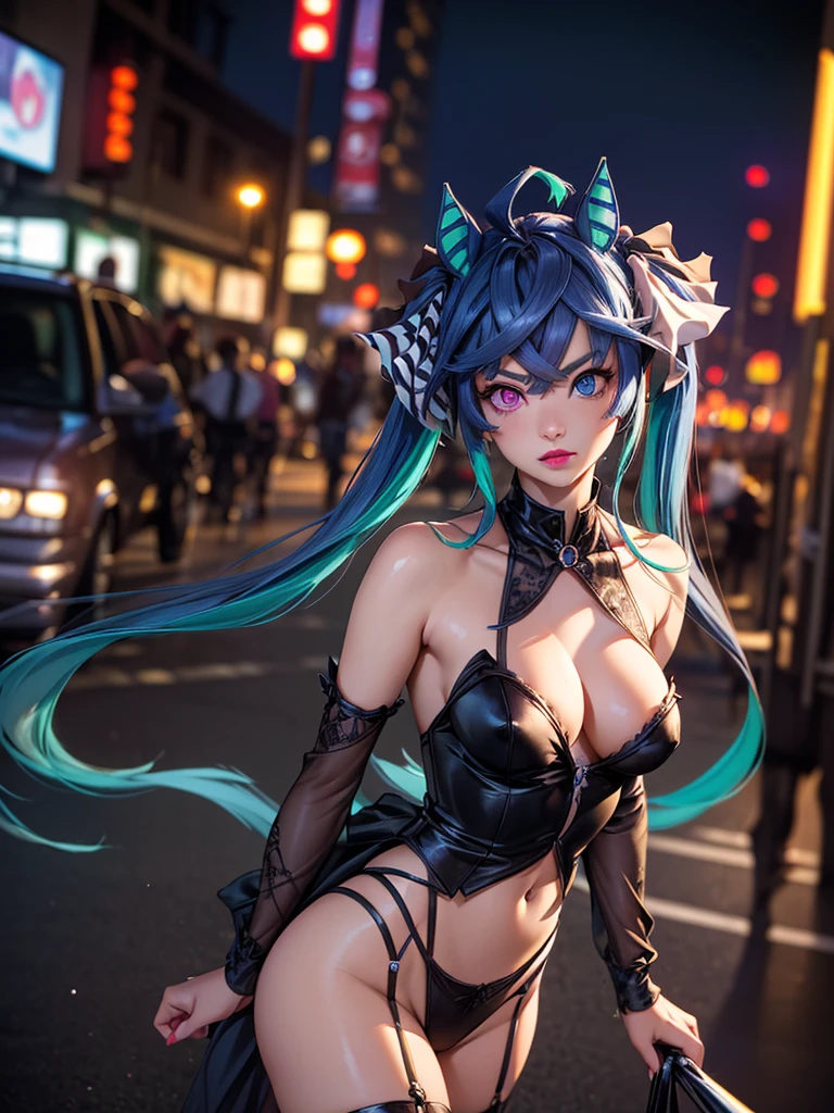 (Masterpiece, best quality, high res、highly detailed cg: 1),(((prostitutes))),((pov, Narrow eyes, Seductive)), lipstick, touts, nightlife、nsfw, Night town, Twin_Turbo_Umamusume, aqua hair, twintails, heterochromia, purple eyes, blue eyes, small breasts, horse tail
