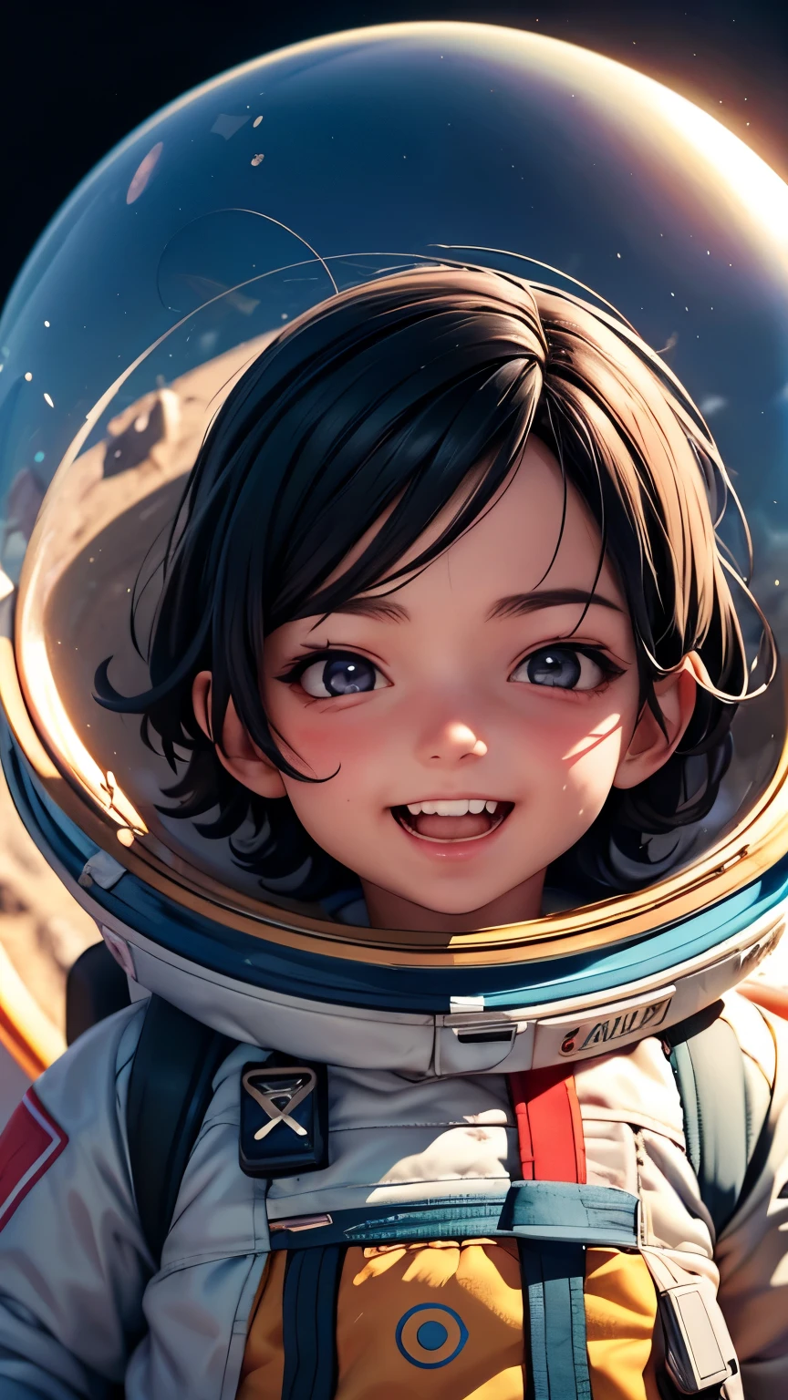 A little boy in a spacesuit in space is having a good laugh, black hair, longeyelashes, solid circle eyes, ear blush, fang, ccurate, grin, open mouth, smiley, crazy smile, Surrealism, drop shadow, anaglyph, stereogram, tachi-e, pov, atmospheric perspective, Hyperrealism, Monet, depth of field, drop shadow, 8k, super detail, best quality, textured skin, retina