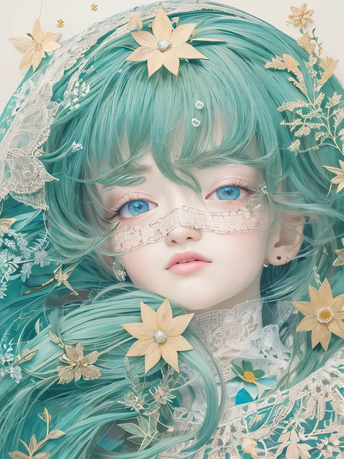 ((((masterpiece))), Highest quality, An illustration, Beautiful details shine,
paper_cut, The details of a fragile girl's face captured on camera, wood, moon, butterfly,Wind,flower、star、Blue haze