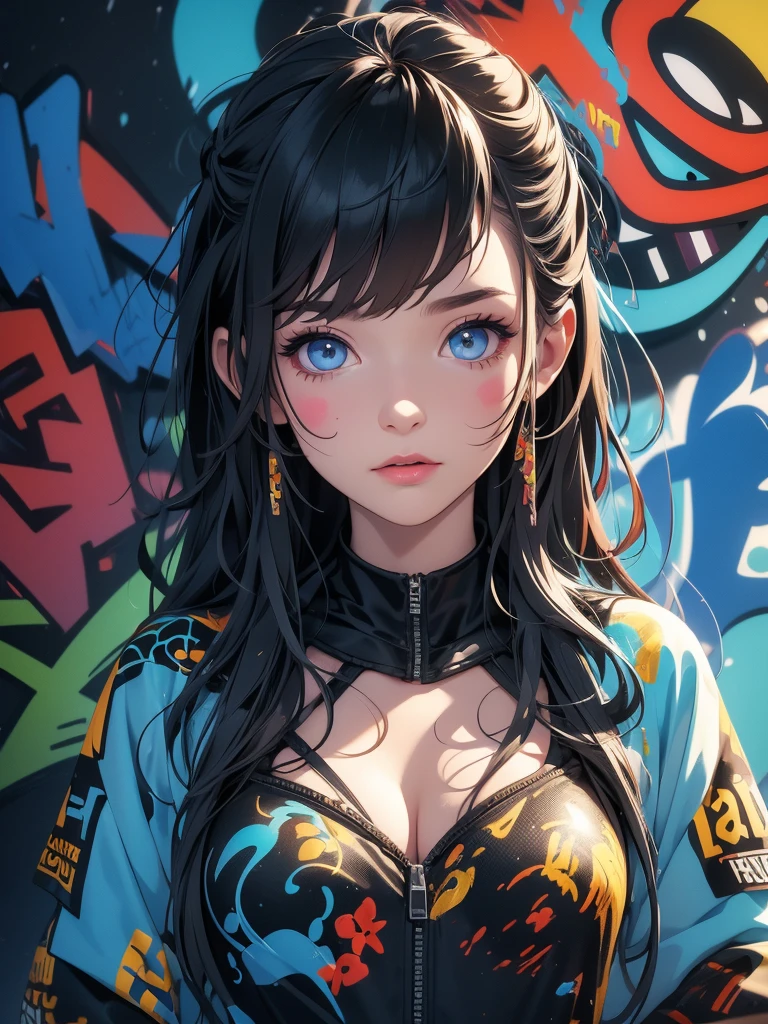 (best quality), masterpiece, extremely detailed CG uniform 8K illustration, high color, extremely high color saturation, all colors deepened, paint, graffiti art, center composition, extremely detailed light and shadow, graffiti wall, wall painted bright, 1 girl graffiti 1 girl looking at the wall, extremely detailed face and eyes, medium length hair, sportswear, colored clouds