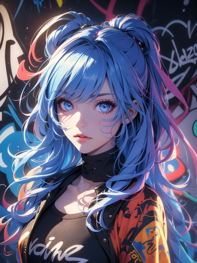 (best quality), masterpiece, extremely detailed CG uniform 8K illustration, high color, extremely high color saturation, all colors deepened, paint, graffiti art, center composition, extremely detailed light and shadow, graffiti wall, wall painted bright, 1 girl graffiti 1 girl looking at the wall, extremely detailed face and eyes, medium length hair, sportswear, colored clouds