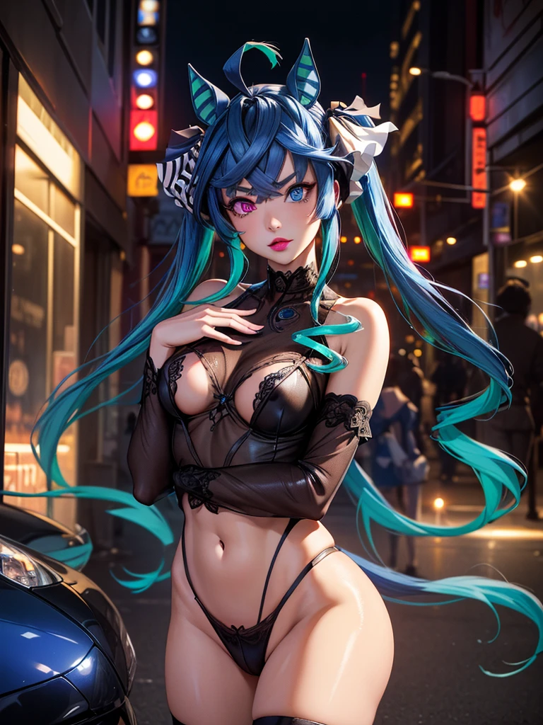 (Masterpiece, best quality, high res、highly detailed cg: 1),(((prostitutes))),((pov, Narrow eyes, Seductive)), lipstick, touts, nightlife、nsfw, Night town, Twin_Turbo_Umamusume, aqua hair, twintails, heterochromia, purple eyes, blue eyes, small breasts, horse tail