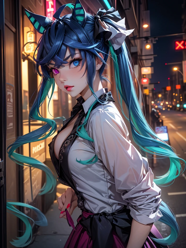 (Masterpiece, best quality, high res、highly detailed cg: 1),(((prostitutes))),((pov, Narrow eyes, Seductive)), lipstick, touts, nightlife、nsfw, Night town, Twin_Turbo_Umamusume, aqua hair, twintails, heterochromia, purple eyes, blue eyes, small breasts, horse tail