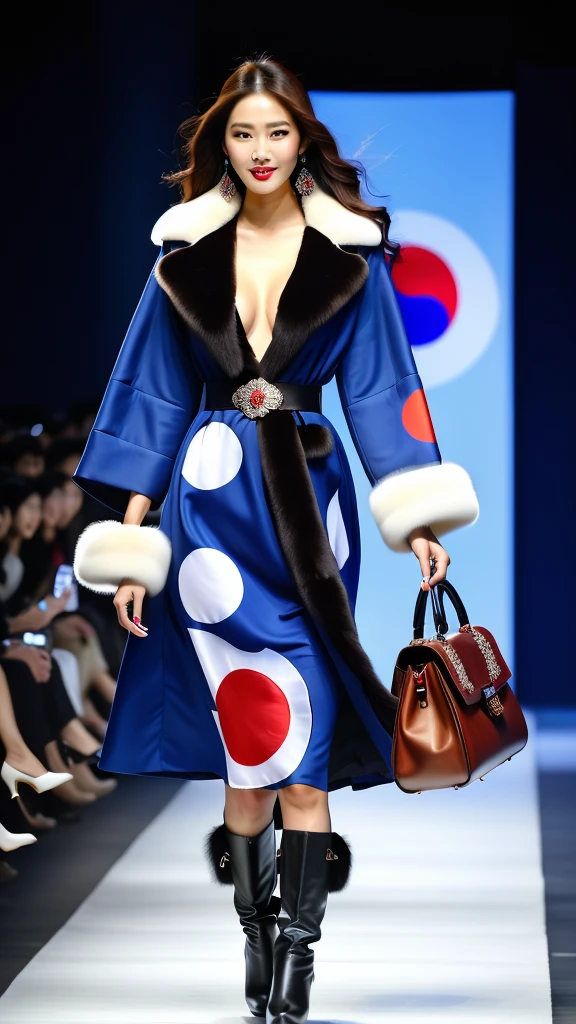 araffe wearing a blue coat and a red and white polka dot dress, inspired by Sadao Watanabe, ji-min, haute couture fashion, runway photo, korean, runway, editorial image, inspired by Liu Haisu, modern maximalist fashion dress, red and blue garments, graphic detail, inspired by Watanabe Kazan, taejune kim, cape