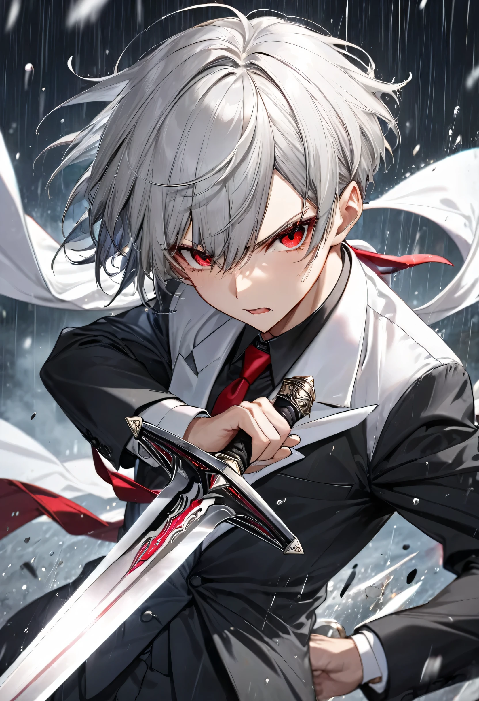 ((intense sword battle style)), (both hands holding a big divine blade), (Slashing enemy), (solo:2 crew cut silver hair very short hair divine fighter boy, cool red eyes, serious face), in a butler suit, ((During Blade Battle)), break, in the battle field, background rainy, BREAK, perfect anatomy, masterpiece, best quality, 16k, beautiful detailed wold, daydreaming expression.