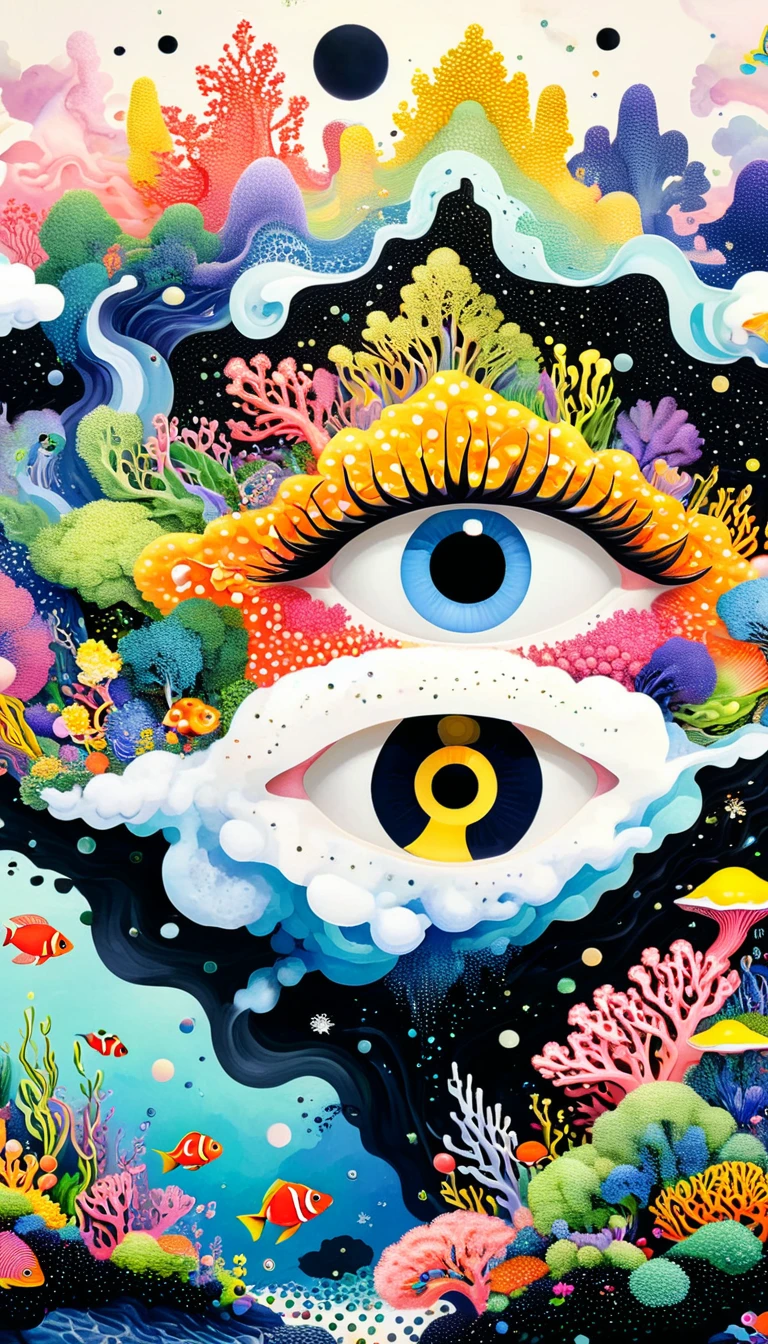 Broto art style，Strong visual fusion of multiple elements，来自Star的艺术家，Autistic artist，Colorful black，Dopamine color scheme，house、Eye、pearl珠帘、Plerogyra sinuosa、Soft coral、pearl、Star、cloud、Schools of colorful fish、Spore powder、Tentacles，Describing the inner world of autistic people，密集Pointillism method。Smooth lines。interesting，Strange illustration。Pointillism method。Strong contrast。Award-winning works。