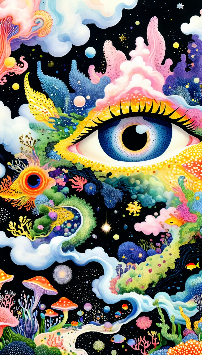 Broto art style，Strong visual fusion of multiple elements，来自Star的艺术家，Autistic artist，Colorful black，Dopamine color scheme，house、Eye、pearl珠帘、Plerogyra sinuosa、Soft coral、pearl、Star、cloud、Schools of colorful fish、Spore powder、Tentacles，Describing the inner world of autistic people，密集Pointillism method。Smooth lines。interesting，Strange illustration。Pointillism method。Strong contrast。Award-winning works。