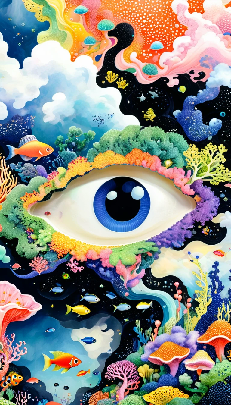 Broto art style,Strong visual fusion of multiple elements,来自Star的艺术家,Colorful black,Dopamine color scheme,house、Eye、pearl珠帘、Plerogyra sinuosa、Soft coral、pearl、Star、cloud、Schools of colorful fish、Spore powder、Tentacles,Describing the inner world of autistic people,密集Pointillism method。Smooth lines。interesting,Strange illustration。Pointillism method。Strong contrast。Award-winning works。