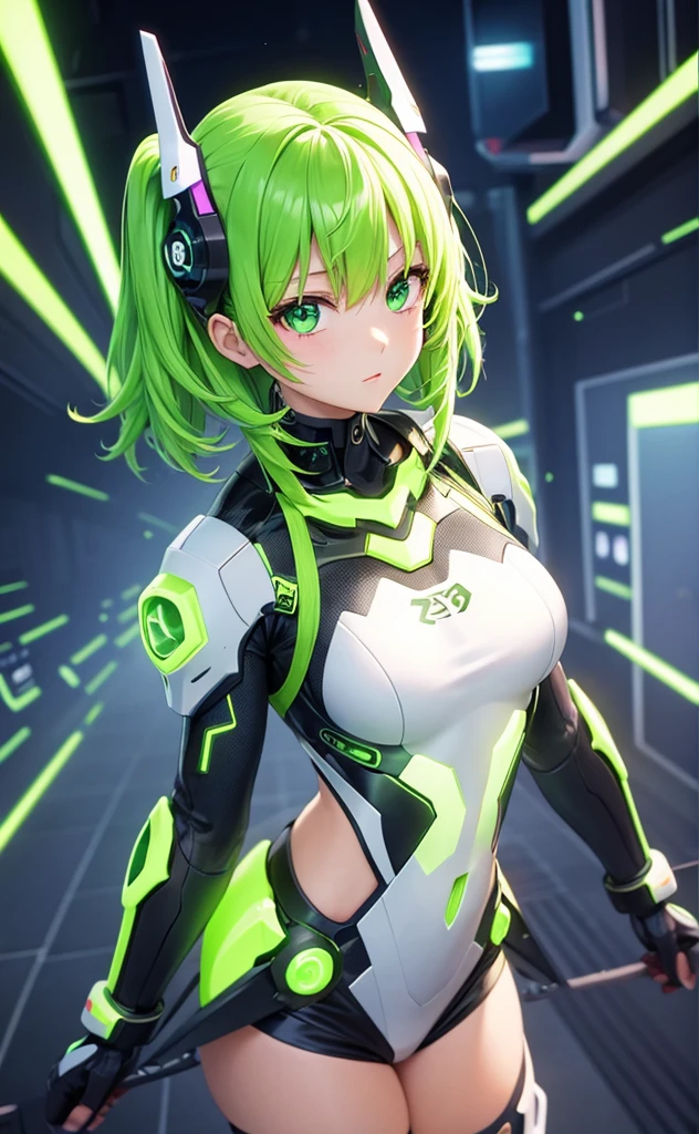 Cyborg Girl、mysterious、Flying in the sky、cyber punk、Fluorescent Green