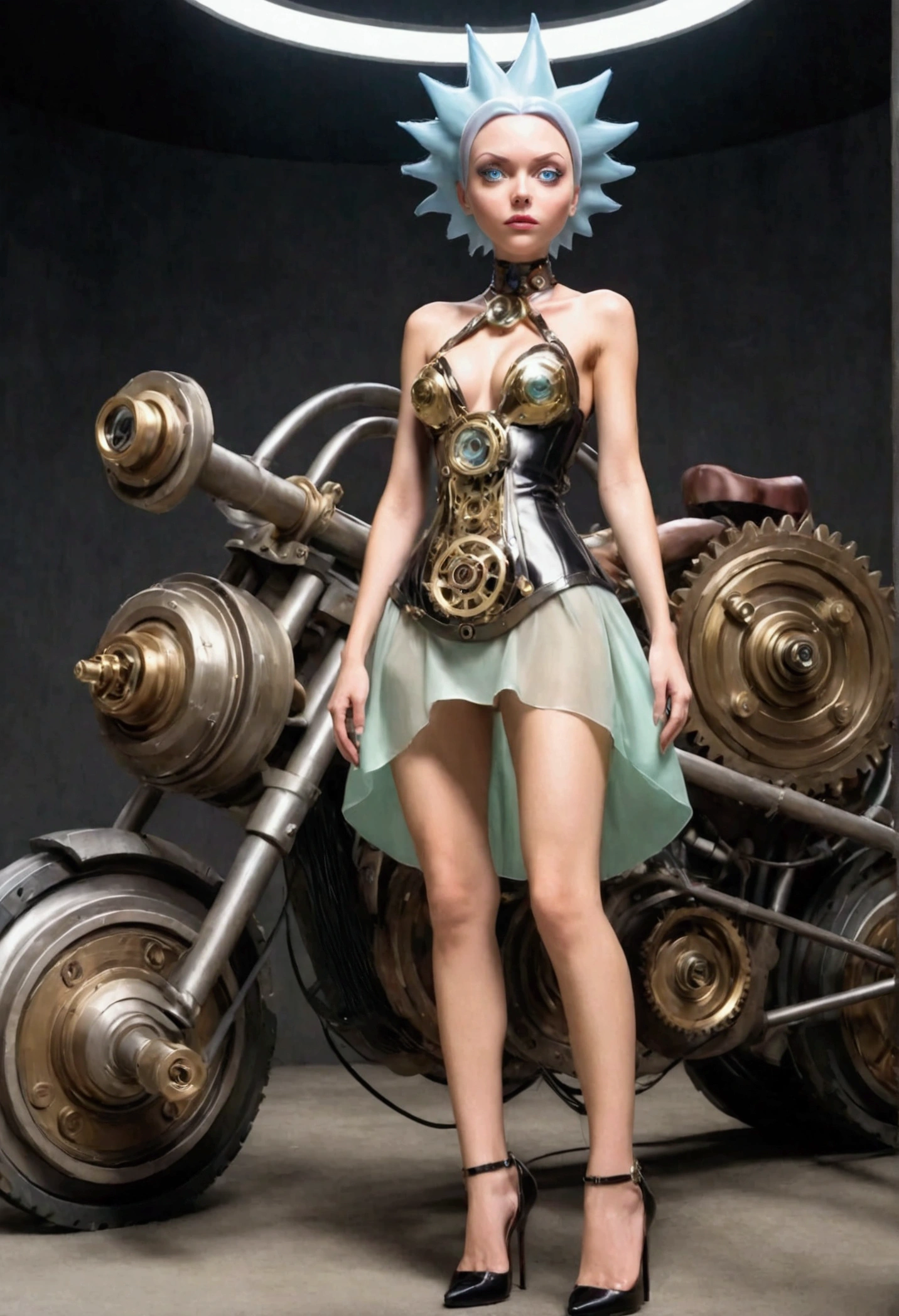 RICK AND mORTY'S, Rick, is watching a fashion show in a world of clockwork people. Cute clockwork woman (age 25, high heels, sexy dress, semi transparent skin showing her gears) show her from head to toe