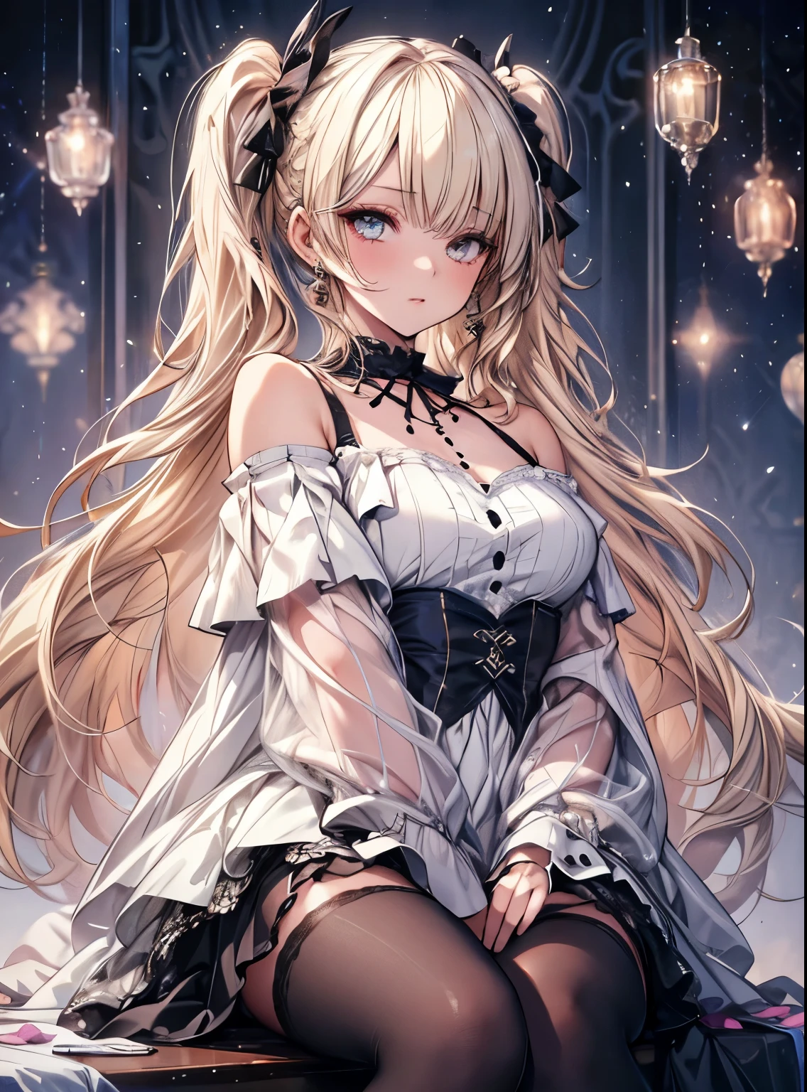 masterpiece, Highest quality, High resolution, sa1, Floral off-shoulder dress, Black Stockings, Sparkling eyes, False eyelashes, Platinum blonde twin tails, Cute atmosphere,