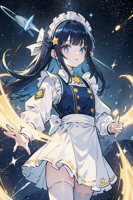 Girl, white skin, starry eyes, messy dark blue hair with yellow strands, star hairpin, maid outfit, space, Voyager