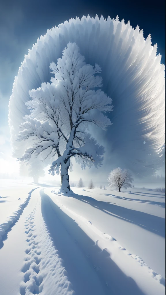 Arav tree in the snow，A small road in the foreground, Surreal frozen landscape, Inspired by Igor Kieryluk, Mark Adams, Winter atmosphere, Winter atmosphere, Winter scene fantasy, Amazingly beautiful trees, Breathtakingly beautiful trees, Inspired by Gediminas Pranckevicius, Inspired by Joseph Czapsky