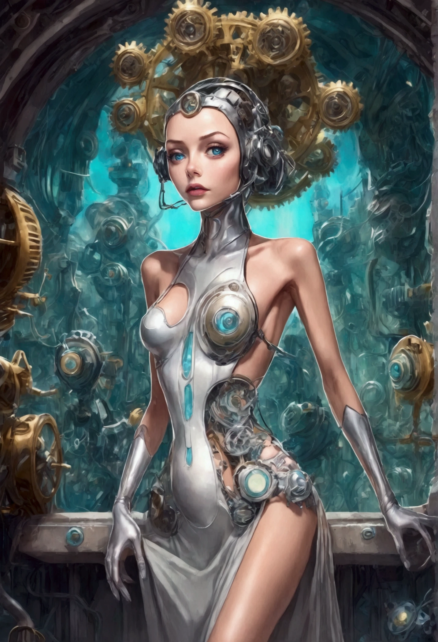 Stunningly gorgeous beautiful perfect hr giger tattooed sexy seductive demonic girl, perfect face, hyper detailed neon sapphire eyes, large breasts, full body view, nude