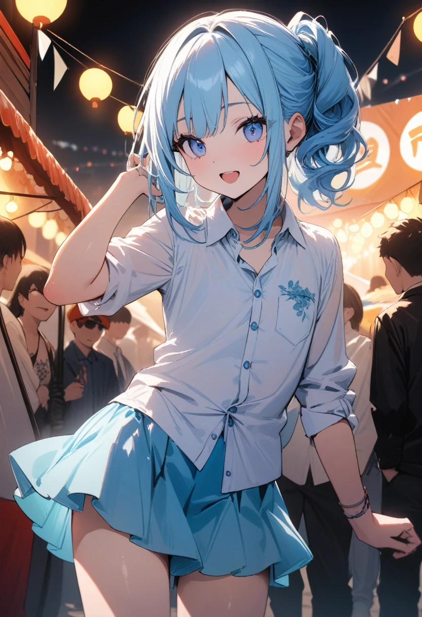 high quality, 最high quality、 Stylish design, (((The cutest girl))), ((Thin legs))、(((最high quality))), High resolution, ((detailed)), ((masterpiece)), ((Super detailed)), 14-year-old girl,(Inner color hairstyle),((Festivals)),((Dress shirt、Bra inside、Light blue mini skirt、underwear)),((Sexual))