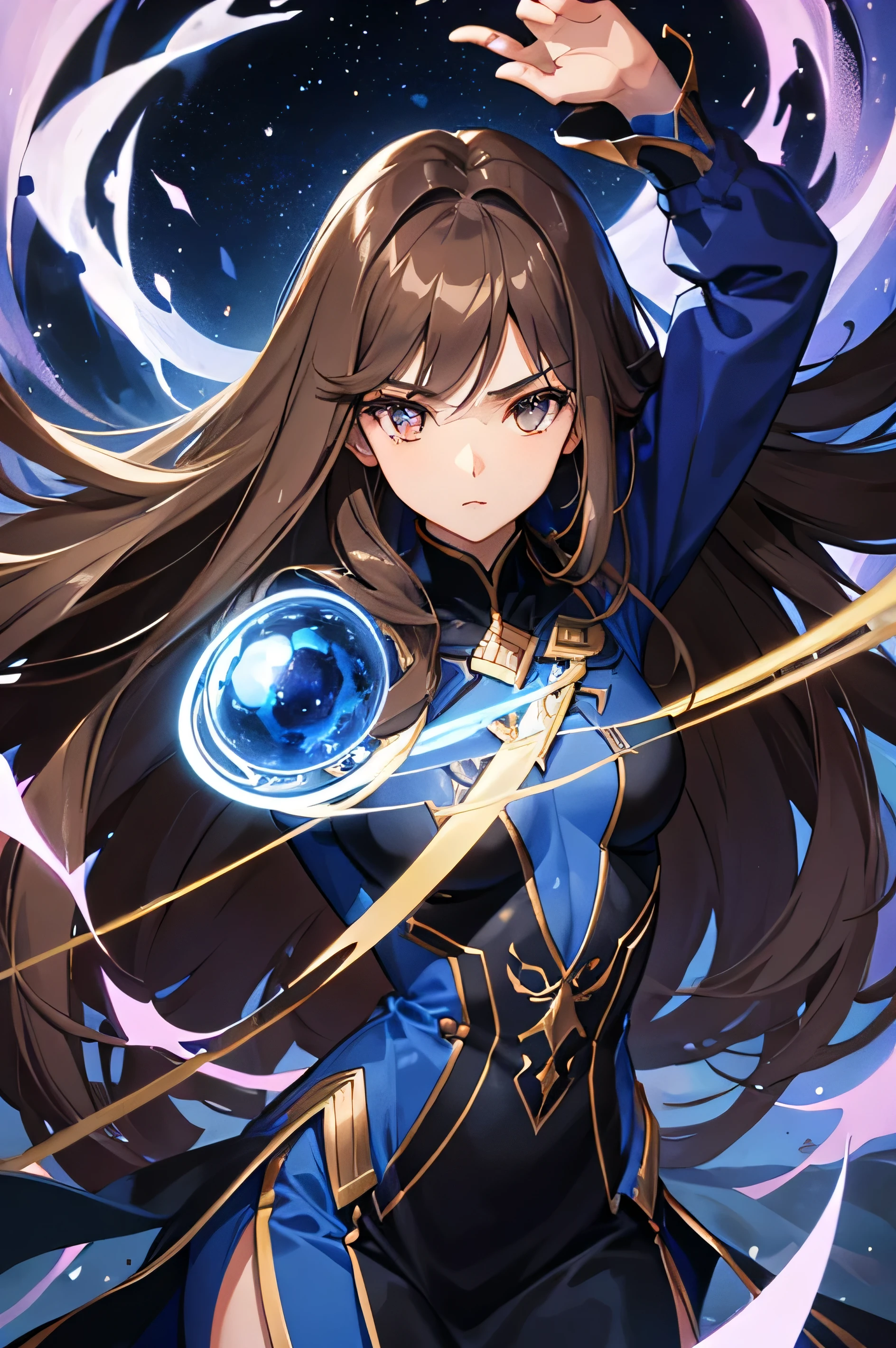 long straight brown hair ,lightbrown eyes,Caucasian skin,and with 1,60 tall,with dark blue crystal powers with warrior clothes that demonstrate that her power is dark blue crystallization 