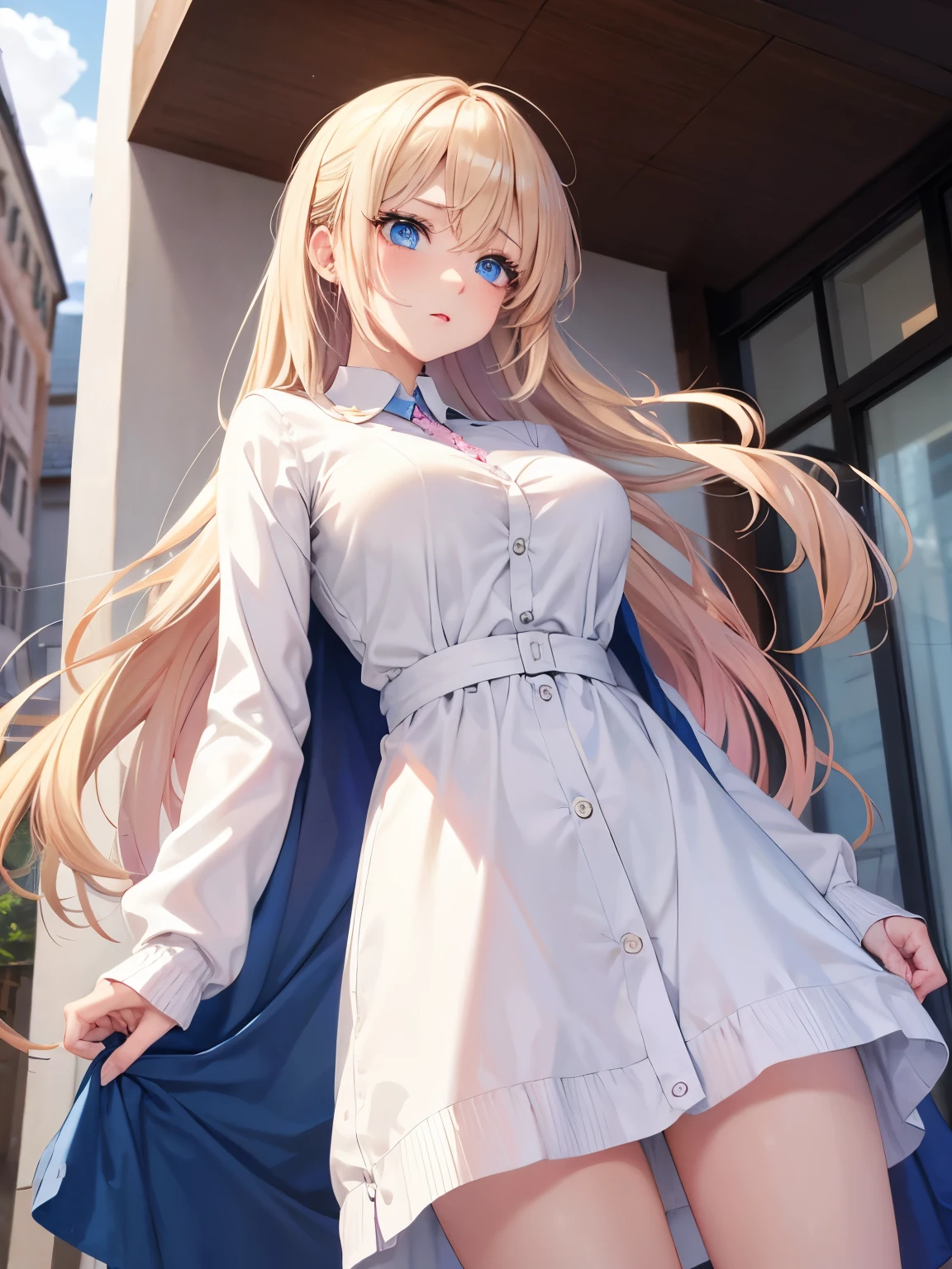 1woman,standing,blue eyes,Looking down, camera angle from below, surprised expression,,Beautiful makeup, long eyelashes,early in the morning,stunning,half body photo, very detailed face,cute,,HD face, perfect face,Short white dress, pink cardigan,very big breasts,Blonde hair,blonde hair,blonde,bangs,long hair, straight hair,ultra detail,ultra Hd, masterpiece,4k