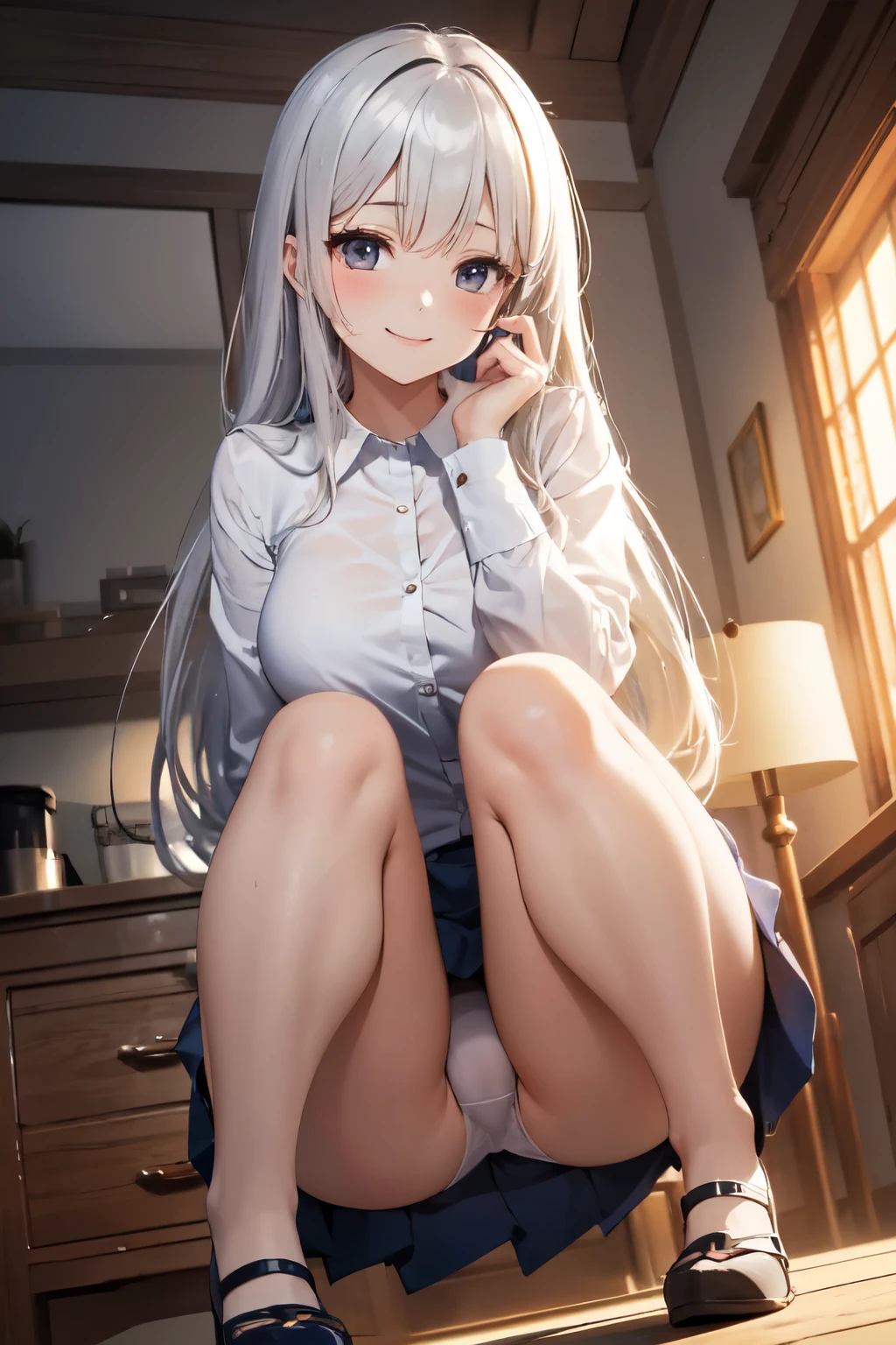 very cute and beautiful girl,(Very detailed美しい顔), (smile),blush,Black Hair,Seraphim,(White Hair、long hair),(White Shirt、Pleated navy blue pread your legs、Squat)、Sitting、(From below)、(Lace panties), Country road, (Highest quality,masterpiece:1.0),Absurd,High resolution,Super detailed,Very detailed,32K,8k resolution, Intricate details,Movie Scenes,Detailed Background,alone,Dynamic Angle,
