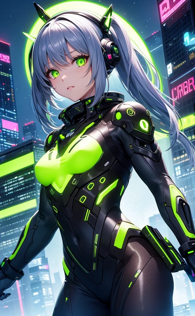 Cyborg Girl、mysterious、Flying in the sky、cyber punk、Fluorescent Green、background(Above the city)