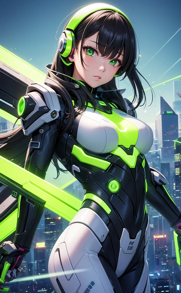 (masterpiece, best quality:1.3),extremely high detailed, intricate, 8k, HDR, wallpaper, cinematic lighting, (universe),(Mecha musume:1.3), glowing, black armor, glowing green eyes, mecha, black hair, ponytail, (large mechanical fairywings:1.2), (black and green theme:1.4), (fairy, girl:1.2), (large breasts:1.1), (white background:1.3), (pacific rim style helmet:1.1)