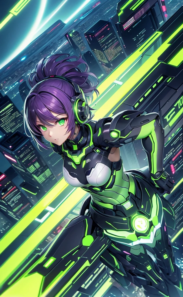 Cyborg Girl、mysterious、Flying in the sky、cyber punk、Fluorescent Green、background(Above the city)