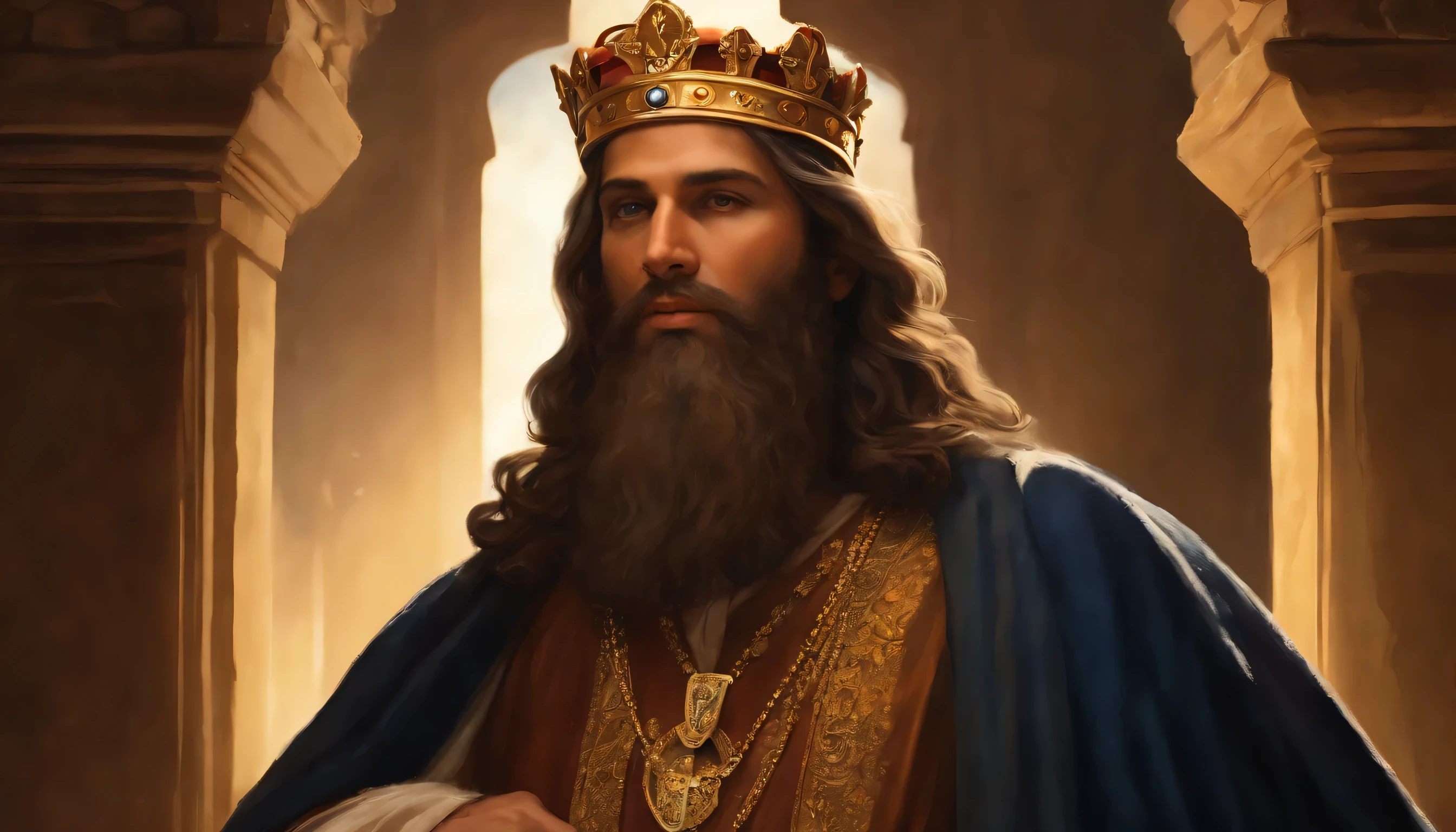 (best qualityer,ultra detali,realisitic:1.37),(portraite,religious),(King David),(grown-up),(intense look at the viewer),(long beard and hair),(wearing long robes),(bright and vibrant colors),(traditional religious symbolism),(golden crown),(Historical background),(crumbling ancient stone walls),(soft, warm lighting),(meticulously painted textures),(Master Pieces:1.2),(fine brush strokes),(expressive facial features),(subtle shadows and highlights),(exquisite attention to detail),(biblical character),(solemn and dignified),(majestic and powerful),(divine inspiration),(captivating and engaging),(mesmerizing and inspiring)