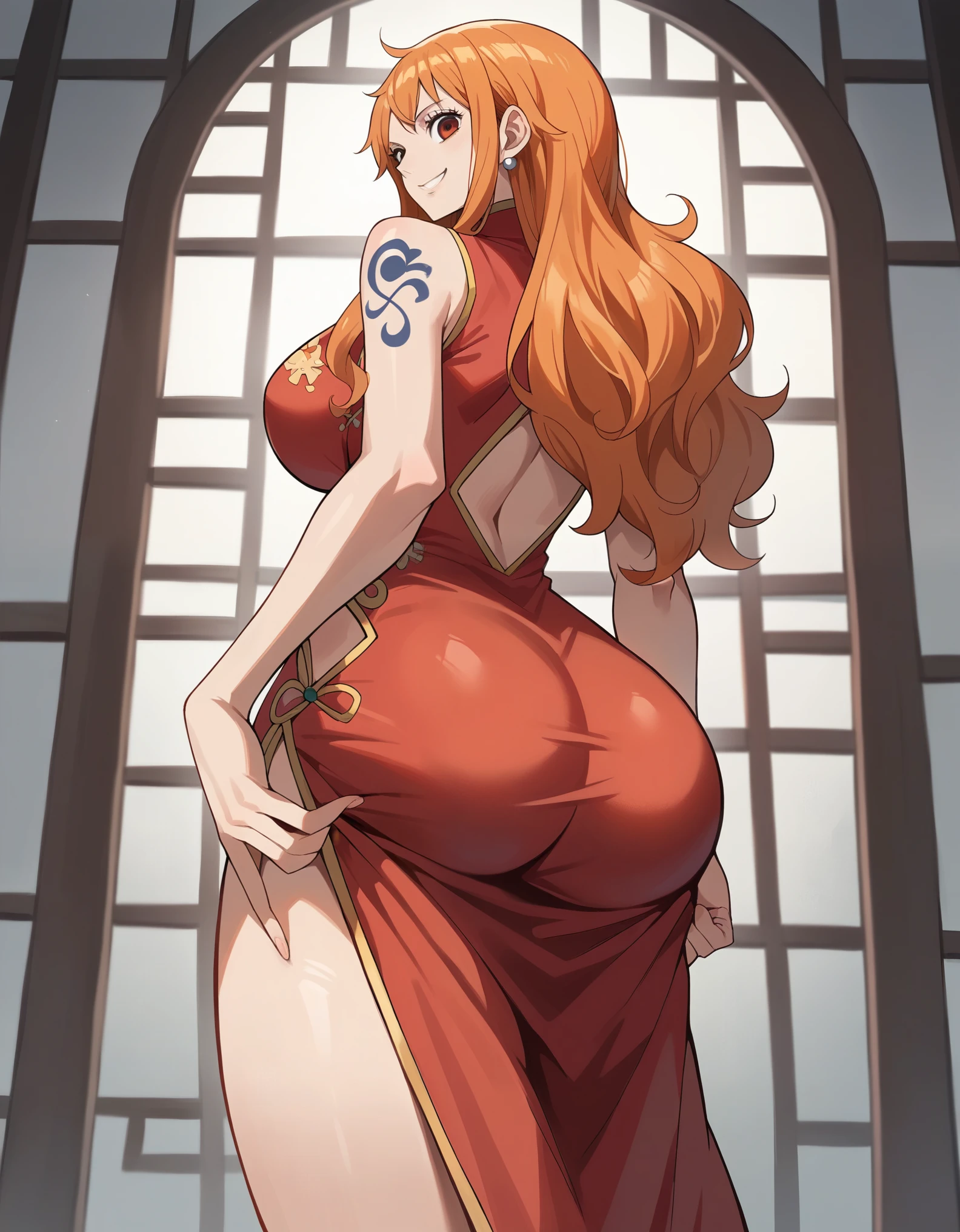 score_9, score_8_up, score_7_up, source_anime, best quality, clear face, Nami, orange hair, orange eyes, long hair, large breasts, perfect body, looking at viewer, smile, china dress, red clothes, indoor, standing, dynamic angle, from behind, big ass, low angle, dark skin