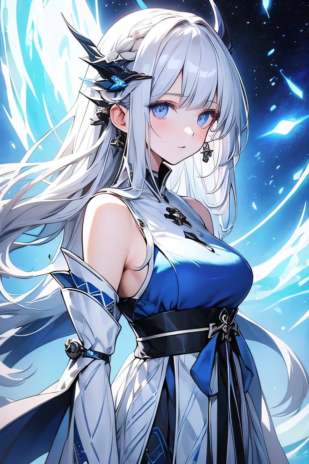 Beautiful woman from space。White Hair。Blue Eyes。Clothing decorated like dragon scales。