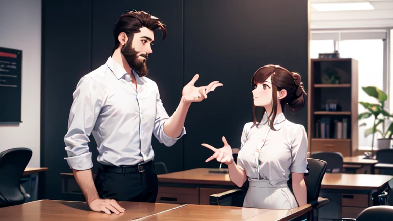 Chico, Brown hair and beard, shirt and dress pants, talking to girl, with hair up and white blouse and dress pants in the office, at a recommended distance, each sitting on their side of the desk