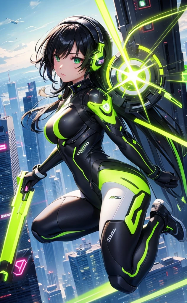 Cyborg Girl、mysterious、Flying in the sky、cyber punk、Fluorescent Green、background(Above the city)、Black Hair、Long Hair、Jumping off