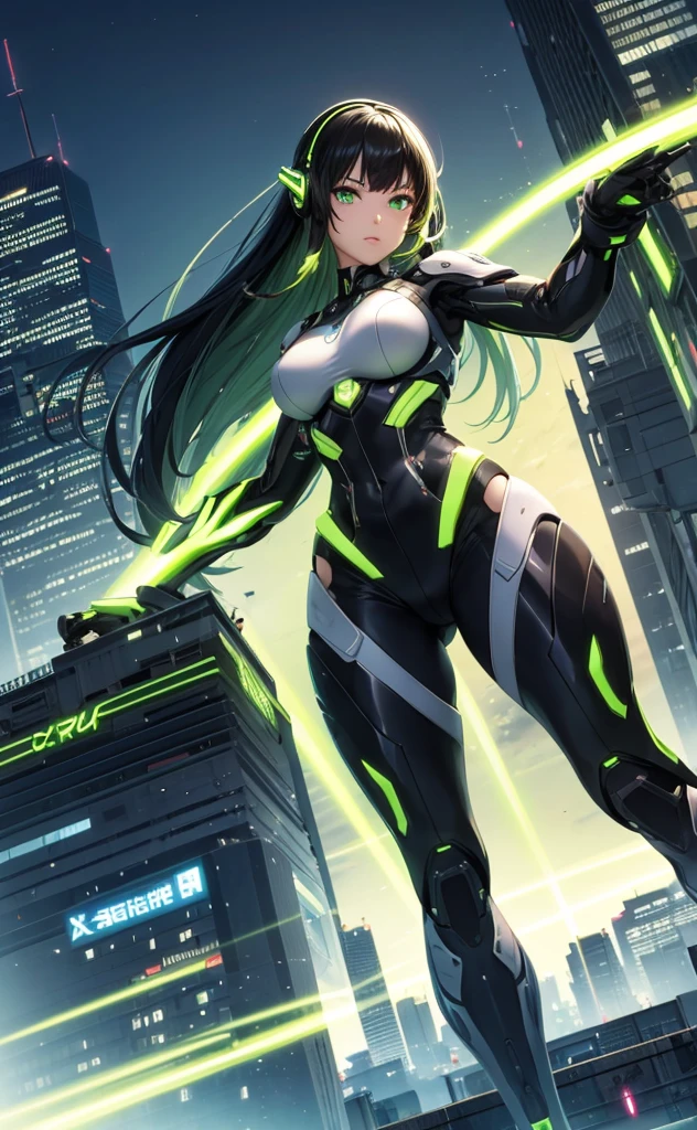 Cyborg Girl、mysterious、Flying in the sky、cyber punk、Fluorescent Green、background(Above the city)、Black Hair、Long Hair、Jumping off