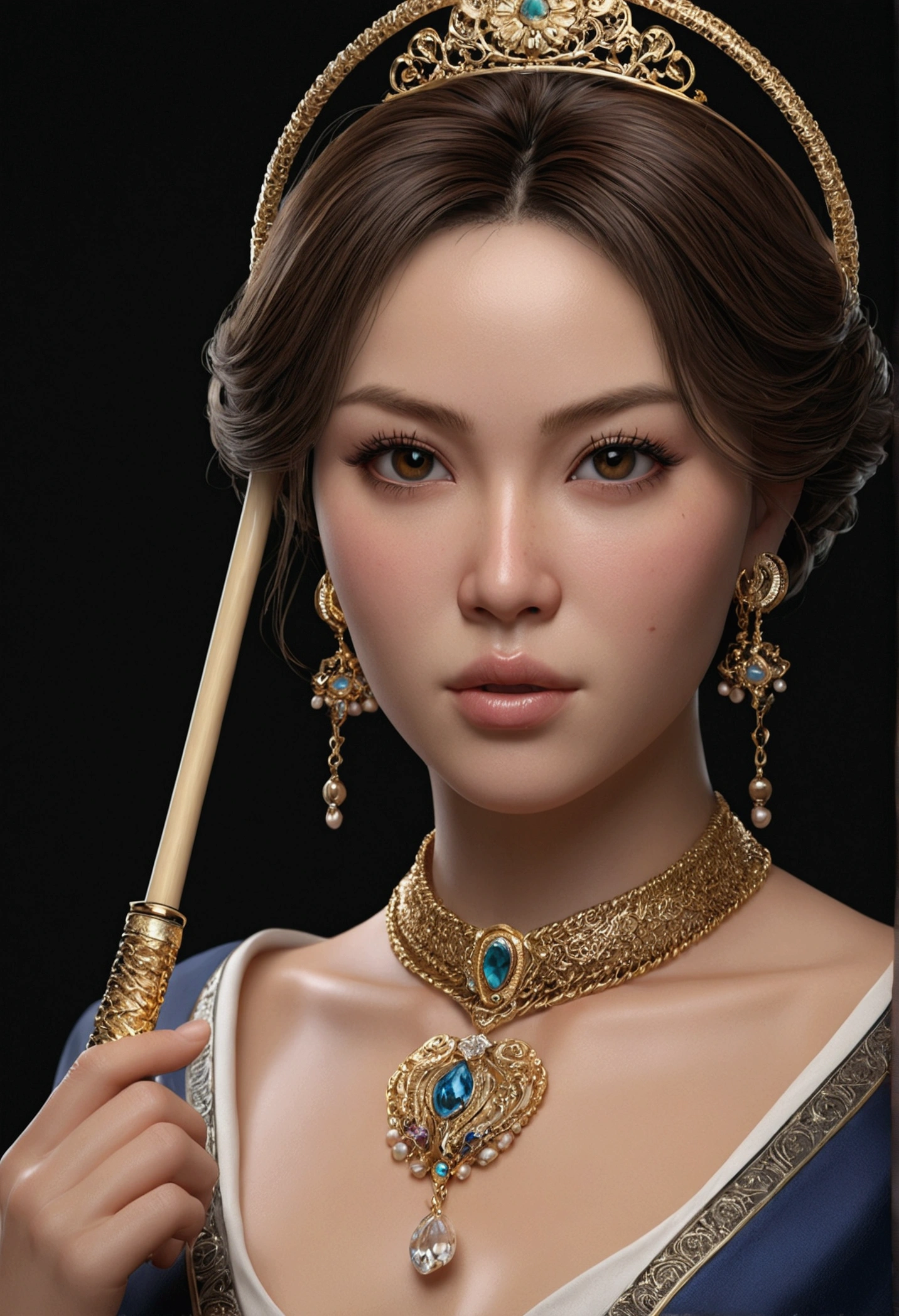 masterpiece, best quality, mei karuma, ascot, whip, holding whip, jewelry, holding, (kbxll:0.5), beautiful detailed eyes, beautiful detailed lips, extremely detailed eyes and face, long eyelashes, realistic, photorealistic, photo-realistic:1.37, 4k, 8k, highres, ultra-detailed, vivid colors, studio lighting, professional, physically-based rendering